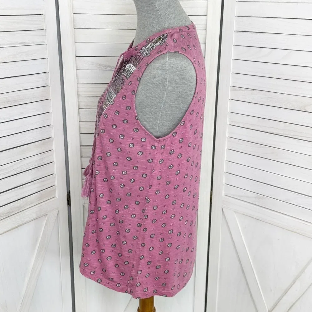 Loft Boho Printed Tassel Neck‎ Sleeveless Tank Top Shirt Pink XS